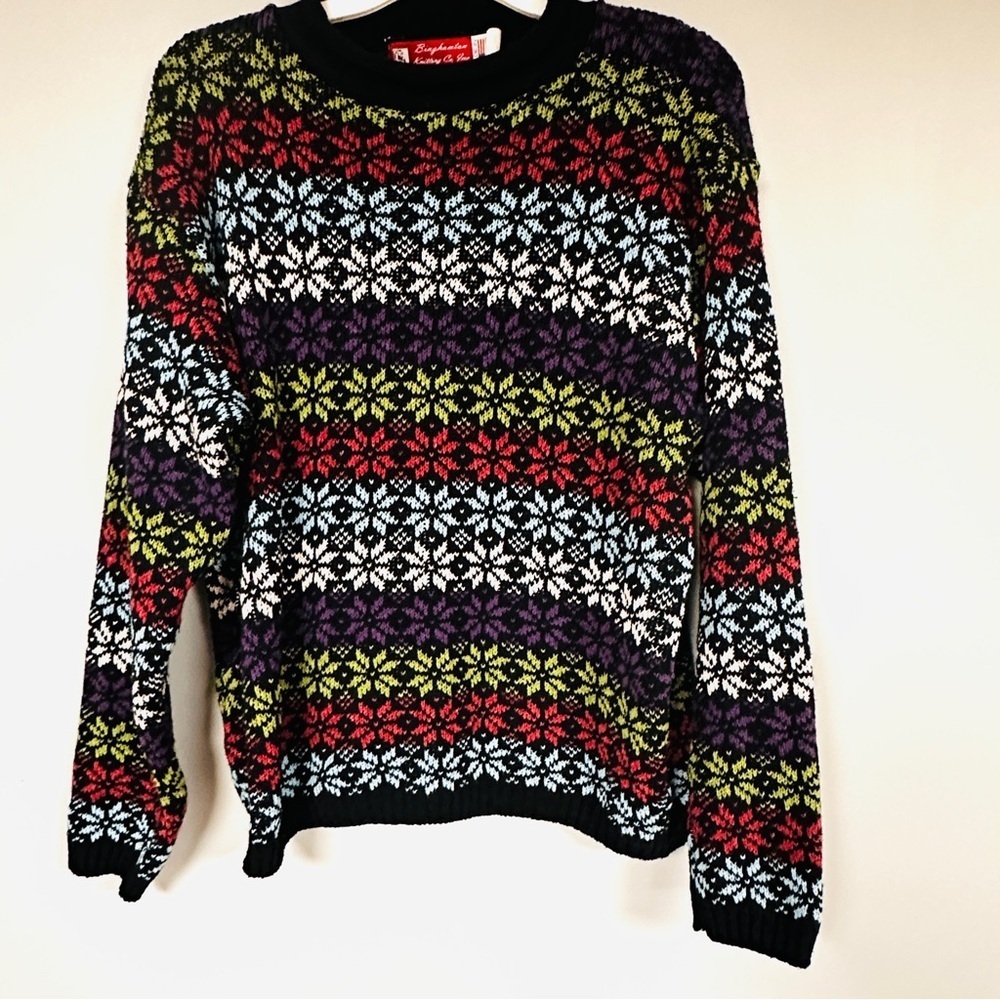 Binghamton Knitting Co Vintage 80s 90s Rainbow Snowflake Fair Isle Sweater  XL